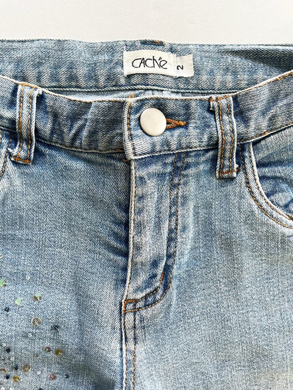 Cache Vintage Women's Light Denim Jeans | Rare Pearl & Sequin Embellished Size 2 - Picture 4 of 13